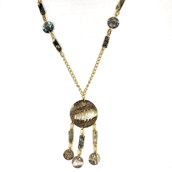 NWT Vintage Japan Abalone Shell Pendant Gold Tone Necklace - Picture 1 of 7